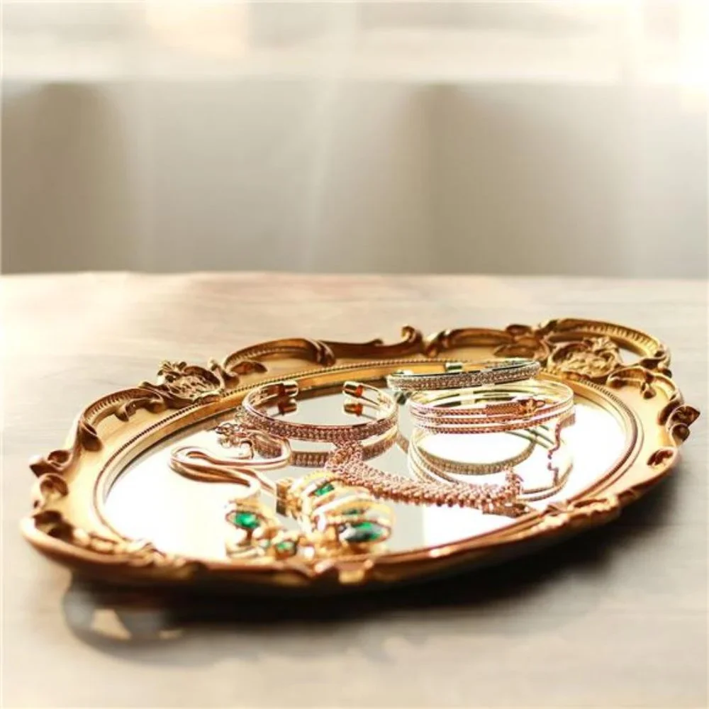 Polyresin Ellipse Antique Decorative Mirror Tray, Makeup Organizer, Jewelry